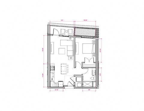 1  Bed   1  Bath   570 Sq. Ft. Barcelona III - South A3b Floor Plan at Expo at Forest Park, St. Louis